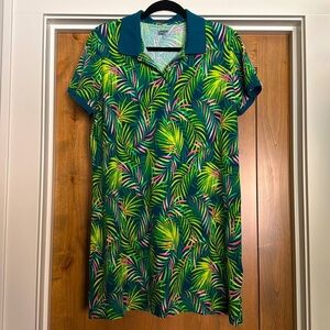 L.L. BEAN Polo Shirt Dress Womens XLP Tropical Cotton Palm print Preppy Beach